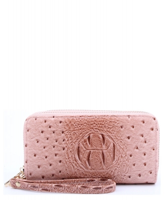 Ostrich Croc Double Zip Around Wallet Wristlet OS0012 ROSEPINK